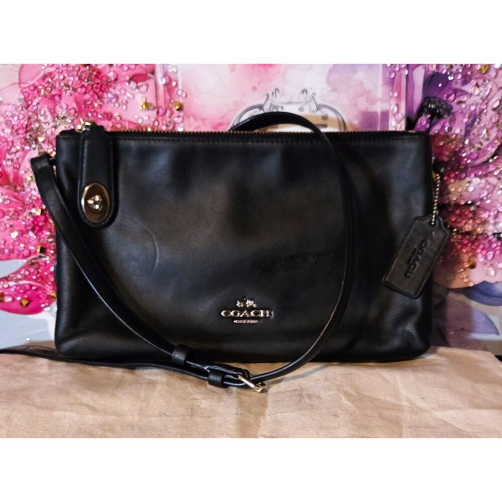 Authentic Coach Black Leather Double Zip Crossbody Bag